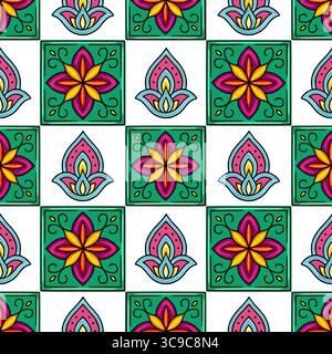 Nahtloses Vektormuster mit leuchtenden Blumenmotiven in Petrol, Rosa, Gelb und Rot, angeordnet in einem karierten Design, ideal für Textildrucke und Tapeten Stock Vektor