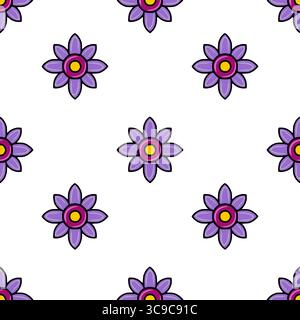 Nahtloses Vektormuster mit stilisierten lila Blüten mit einem leuchtenden gelben und magentafarbenen Zentrum, das ein fröhliches und verspieltes Design kreiert, ideal für den Einsatz Stock Vektor