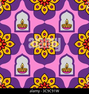Nahtloses Vektormuster mit leuchtenden Mandalastumen, Diya-Lampen in bogenförmigen Nischen und einer rosa und lila Farbpalette, perfekt für festliche Designs. Stock Vektor