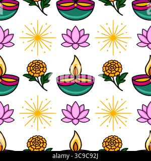 Nahtloses Vektormuster mit leuchtenden Diya-Lampen, Ringelblumen, Lotusblüten und Sonnenstrahlen, die ein festliches und feierliches Design schaffen Stock Vektor