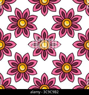 Nahtloses Vektormuster mit stilisierten rosafarbenen und orangen Blüten, lebendige, handgezeichnete Ästhetik und komplizierte Blütenblätter für einen einzigartigen Textil Stock Vektor