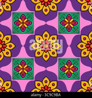 Nahtloses Vektormuster mit lebendigen Blumenmotiven und geometrischen Formen, mit einer einzigartigen Mischung aus mandalaartigen Blumen und stilisierten Fliesenelementen i Stock Vektor