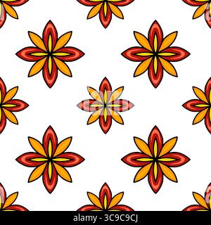 Nahtloses Vektormuster mit stilisierten orangefarbenen und roten Blumen auf weißem Hintergrund, wodurch ein lebendiges und fröhliches Design entsteht, das perfekt für Textildrucke oder geeignet ist Stock Vektor