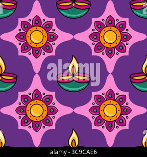 Lebendiges, nahtloses Vektor-Muster mit stilisierten Diya-Lampen und floralen Mandalas in einem auffälligen, verspielten Design, perfekt für festliche Hintergründe oder Textilien Stock Vektor