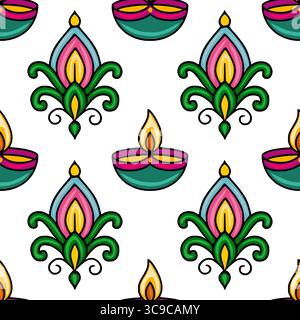 Nahtloses Vektormuster mit leuchtenden grünen und rosa Diya-Lampen mit stilisierten Blumenelementen, die ein festliches und feierliches Design schaffen, ideal für Stock Vektor