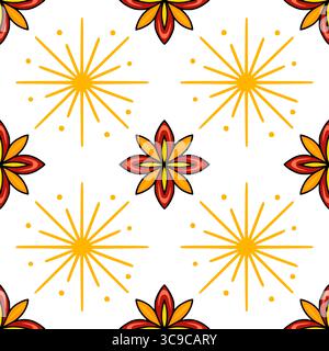 Nahtloses Vektormuster mit stilisierten Sonnenstrahlen und leuchtenden rot-orangen Blüten schaffen ein fröhliches und energiegeladenes Design, das perfekt für Textilien geeignet ist Stock Vektor