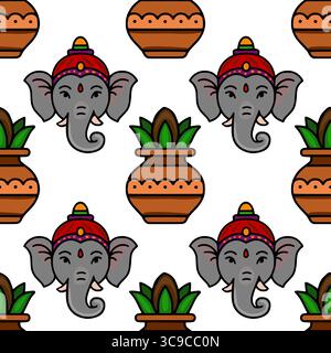 Nahtloses Vektormuster mit stilisierten Ganesha-Köpfen und traditionellen indischen Töpfen, die ein lebendiges und festliches Design schaffen, das perfekt für Diwali Celebra ist Stock Vektor