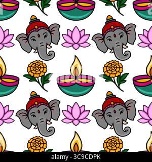 Nahtloses Vektormuster mit charmanten Cartoon Ganesha Köpfen, lebhaften Ringelblumen, rosa Lotusblumen und traditionellen indischen Diya Lampen, die kreieren Stock Vektor