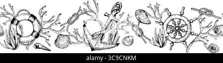 Handgezeichnete Vektor-Meeresgrenze zeigt nautische Elemente wie ein Schiffsrad, Anker, Rettungsring, Seile, Muscheln, Korallen und Seegras. Ideal für Stock Vektor