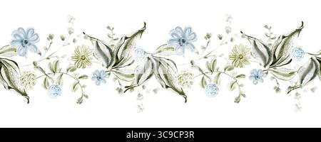 Horizontaler nahtloser Rand mit kleinen blauen Blüten. Aquarellfloralmuster für Banner, Hochzeit, Druck, Tapete, Vorlage, Schreibwaren, Begrüßung Stockfoto