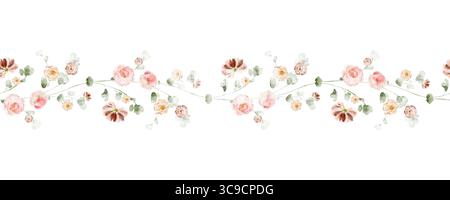 Horizontaler nahtloser Rand mit rosafarbenen Blumen und Kräutern. Aquarellblumenkunst für Grußkarten, Schreibwaren, Banner, Hochzeitsdekor, Geschenkpapier, Stockfoto