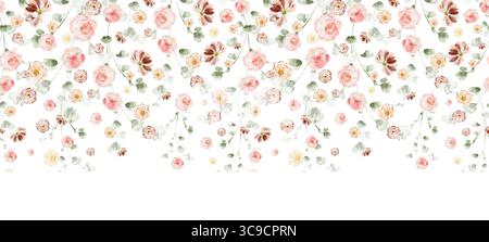 Horizontaler nahtloser Rand mit rosafarbenen Blumen und Kräutern. Aquarellblumenkunst für Grußkarten, Schreibwaren, Banner, Hochzeitsdekor, Geschenkpapier Stockfoto