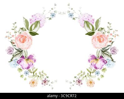 Symmetrischer Blumenkranz mit bunten Aquarellblumen und großen Knospen. Botanischer Rahmen für Hochzeit, Grußkarte oder Druckdesign. Enthält Stockfoto