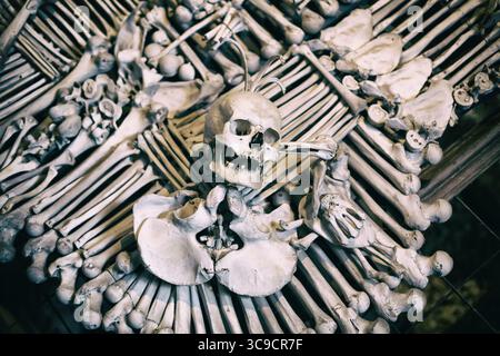 Menschliche Knochen und Schädel in Ossuary. Kostnice Kirche in Kutna Hora, Tschechische republik. Stockfoto