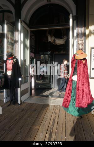 Eine gut erhaltene Reihe von Vintage-Gebäuden mit farbenfrohen Fassaden säumt eine ruhige Straße in Old Sacramento und fängt den Geist des kalifornischen Goldrausches ein Stockfoto