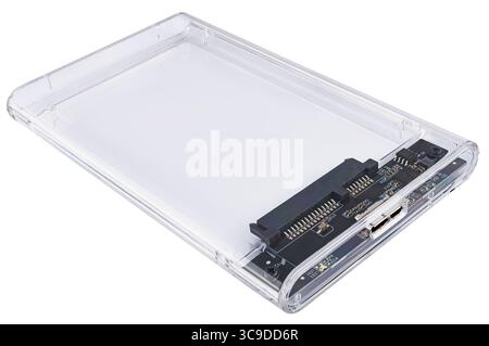 Speichertasche, transparent, für HDD oder SSD, isoliert auf weißem Hintergrund. Stockfoto