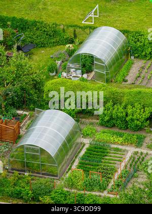 Blick aus der Vogelperspektive auf den Garten im Hinterhof mit Gewächshäusern und Gemüsebetten in einem üppigen Wohngebiet Stockfoto