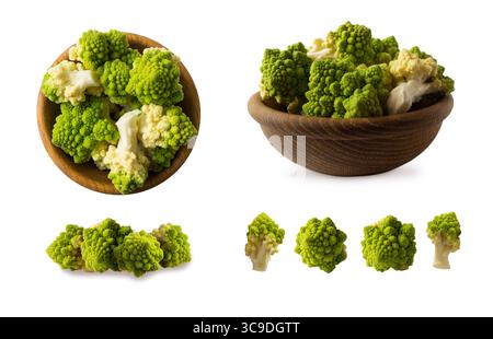 Set aus römischem Blumenkohl. Römischer Blumenkohl auf Holzschale isoliert auf Weiß. Römischer Blumenkohl aus nächster Nähe. Fraktale Textur von Romanesco-Brokkoli. Roman Stockfoto