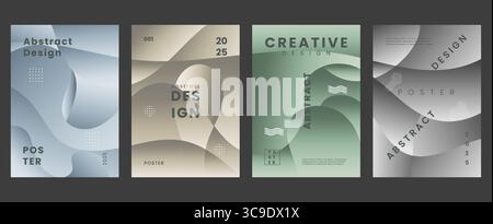 Set aus modernen abstrakten Posterdesigns mit glatten Verläufen, geschwungenen fließenden Formen und sauberer Typografie auf weichen farbigen Hintergründen. Stock Vektor