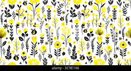 Nahtloses Muster weißer Hintergrund gelbe Blumen und Bienen. Handgezeichnet. Nicht AI, Vektorillustration Stock Vektor