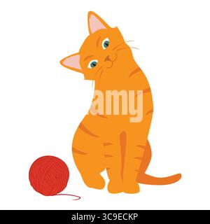 Lustiges und verspieltes Ingwerkätzchen, das mit Garnball spielt. Süße flauschige Katze. Bezaubernde orangene Tabby-Katze, die Spaß mit Schnur und Spielzeug hat. Vektorabbildung Stock Vektor