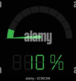 Symbol für Tachometeranzeige zeigt 10 % für Infografik an. Geschwindigkeitsindikator, Leistungsniveau, Risikoanzeige und Fortschrittsskala. Vektorillustra Stock Vektor