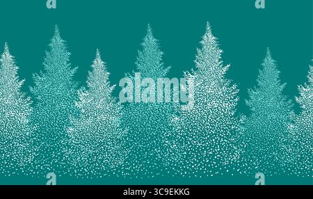 Weihnachten. Winterlicher horizontaler Hintergrund. Hintergrund Winterwald. Weihnachtsbäume aus Punkten. Nahtloser Weihnachtshintergrund. Handzeichnung. Nicht AI Stock Vektor