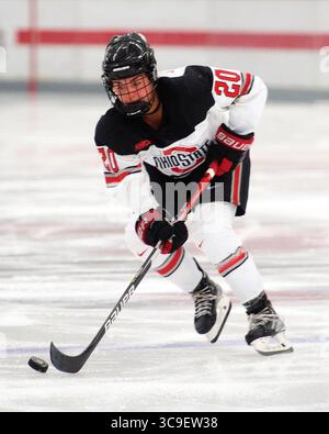 29. Oktober 2022: Ohio State Buckeyes Forward Makenna Webster (20) spielt den Puck gegen die Minnesota Golden Gophers in Columbus, Ohio. Brent Clark/CSM (Bild: © Brent Clark/CSM via ZUMA Press Wire) Stockfoto