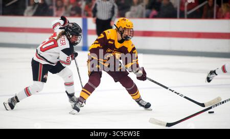 29. Oktober 2022: Nelli Laitinen (7), Verteidiger der Minnesota Golden Gophers, trägt den Puck gegen den Ohio State Buckeyes Forward Makenna Webster (20) in ihrem Spiel in Columbus, Ohio. Brent Clark/CSM (Bild: © Brent Clark/CSM via ZUMA Press Wire) Stockfoto