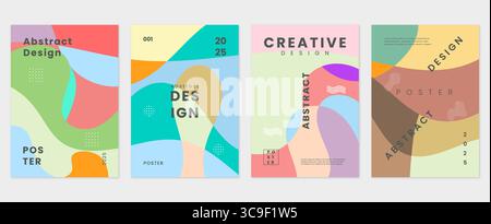 Ein modernes Set abstrakter Poster mit farbenfrohen geometrischen Formen, kreativem Design und trendiger Typografie für kommerzielle Zwecke Stock Vektor