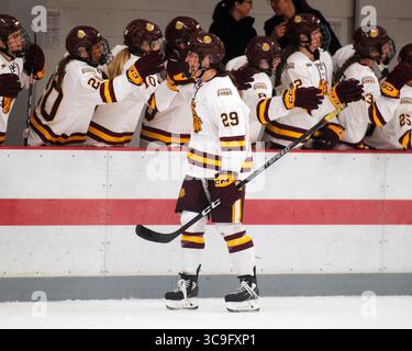21. Oktober 2022: Minnesota Duluth-Verteidiger Maggie Flaherty (29) feiert ihr Tor gegen Ohio State in Columbus, Ohio. Brent Clark/CSM (Bild: © Brent Clark/CSM via ZUMA Press Wire) Stockfoto