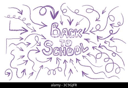 Zurück zur Schule Webbanner. Lila Stift mit Pfeilen. Handgefertigte, nicht AI-Vektor-Illustration Stock Vektor