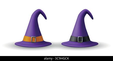 Vektor Lila Hexenhut mit gebogener Spitze und Gürtelschnalle, Vektor-Illustration. Halloween Hexenhut mit schwarzem und orangefarbenem Band. Klassische Schwarze Hexe Stock Vektor