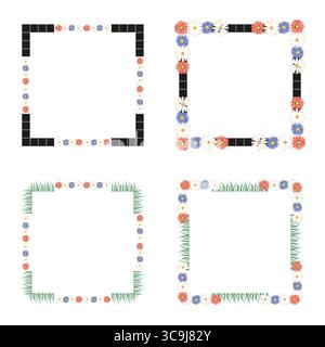 Quadratischer Blumenrand. Filmstreifen und Blumenmix. Filmischer Blumenrahmen. Eindeutiges Vektormuster. Stock Vektor