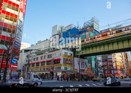 TokyoJapan - 14. Januar 2018: japaner überqueren die Straße Akihabara. Akihabara ist eines der berühmten Animateviertel in Tokio. Stockfoto