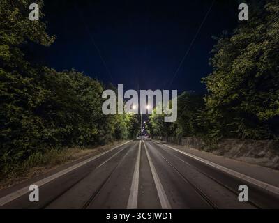 Der selektive Fokus auf eine leere Straße mit Straßenbahngleisen erstreckt sich in Belgrad bei Nacht in die Ferne. Straßenlaternen, Drähte und Bäume säumen einen Flur, Stockfoto