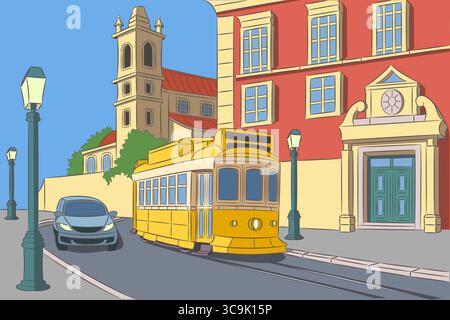 Gelbe Straßenbahn in Lissabon Portugal Stock Vektor
