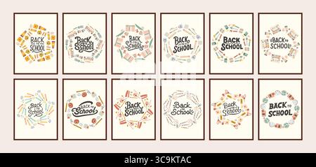 Zurück zur Schule einfaches Poster großes Set. Trendige Schulbanner, Hintergründe. Modernes Design mit Schulutensilien, Aufklebern für Bildungszwecke, Doodle. Zurück zu Stock Vektor