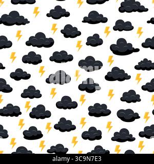 Vektor-nahtloses Muster der schwarzen Sturmwolken mit gelben Blitzschlägen auf weißem Hintergrund. Thunderstorm Lightning Seamless Pattern for Fabric Stock Vektor