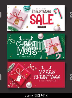 Weihnachtsbanner mit Geschenkboxen, Ornamenten und für Grüße und Weihnachtsverkauf Stock Vektor
