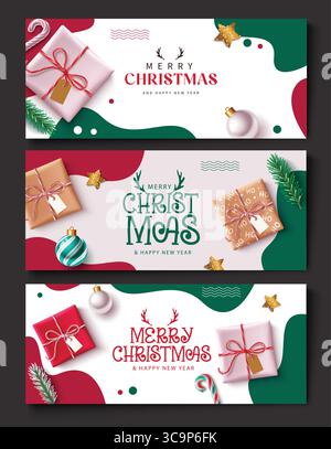 Weihnachts-Clipart-Banner mit Geschenkboxen, Baumzweigen und dekorativen Ornamenten in festlichen Farben Stock Vektor
