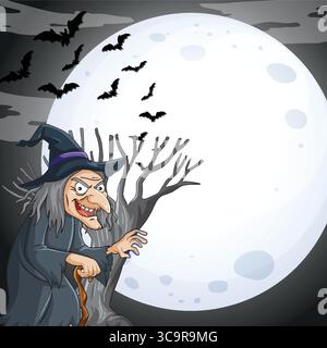 Vektor-Illustration einer finsteren Hexe mit einem Stock, knorrigem Baum und fliegenden Fledermäusen gegen einen großen glühenden Vollmond in einem dunklen Himmel Stock Vektor