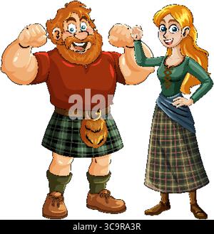 Vektorillustration im Cartoon-Stil eines lächelnden schottischen Mannes und einer Frau, die traditionelle Highland-Kleidung tragen, mit auffälligen Umrissen und lebhaften Farben Stock Vektor