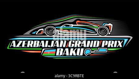 Vektor-Logo für den Großen Preis von Aserbaidschan, horizontale Automobilfahne mit handgezeichneter Umrissdarstellung der Formel 1 in bewegtem, einzigartigem Buchstaben Stock Vektor