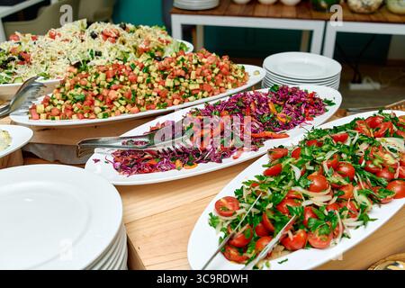 Ein farbenfrohes Angebot an frischen Salaten und Gemüse, perfekt für gesunde Speisen und Feiern auf Partys und Versammlungen Stockfoto