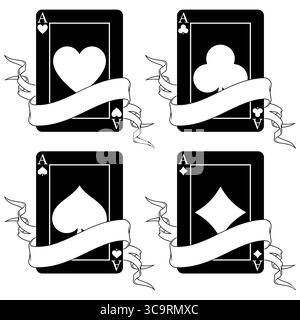 Pokerkarte, umgeben von einem Band, Poker-Symbole von Herz, Diamant, Club und Ass Stock Vektor