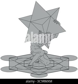 Titan Atlas mit Merkaba-Symbol auf seinen Schultern und mit Metatron, titan der griechischen Mythologie mit heiliger Geometrie Stock Vektor