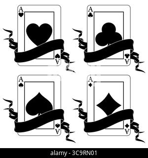 Pokerkarte, umgeben von einem Band, Poker-Symbole von Herz, Diamant, Club und Ass Stock Vektor