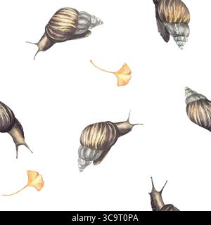 Wasserfarbe Schnecke mit nahtlosem Ginkgoblatt-Muster. Realistische handgemalte Illustration mit Slug-Design. Cochlea mit gelben Gingko-Blättern. Clipart für Stockfoto