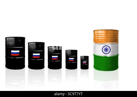 Rohölfässer mit indischen und russischen Flaggen. Russische ural Rohöl. Sanktionen und Embargo für Russland Stockfoto